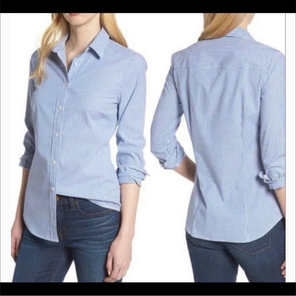 J. CREW sz XS EUC Bankers Pinstripe Classic Button Down Shirt Blue White Modest